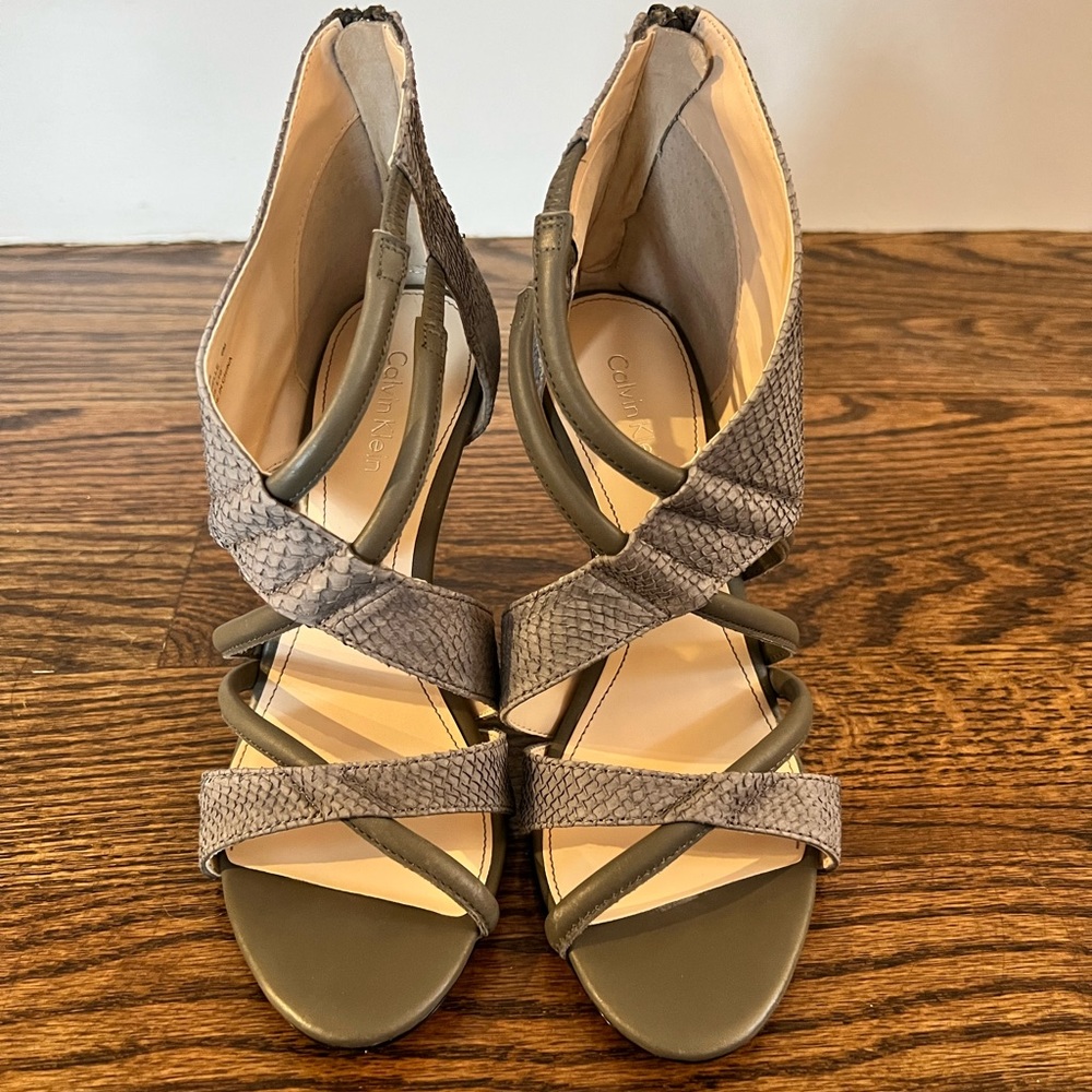 Strappy grey Calvin Klein heels. Size 6.